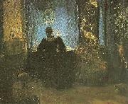 Anna Ancher den vest med bla gardinerre stuefru ancher ved skrivebordet oil on canvas